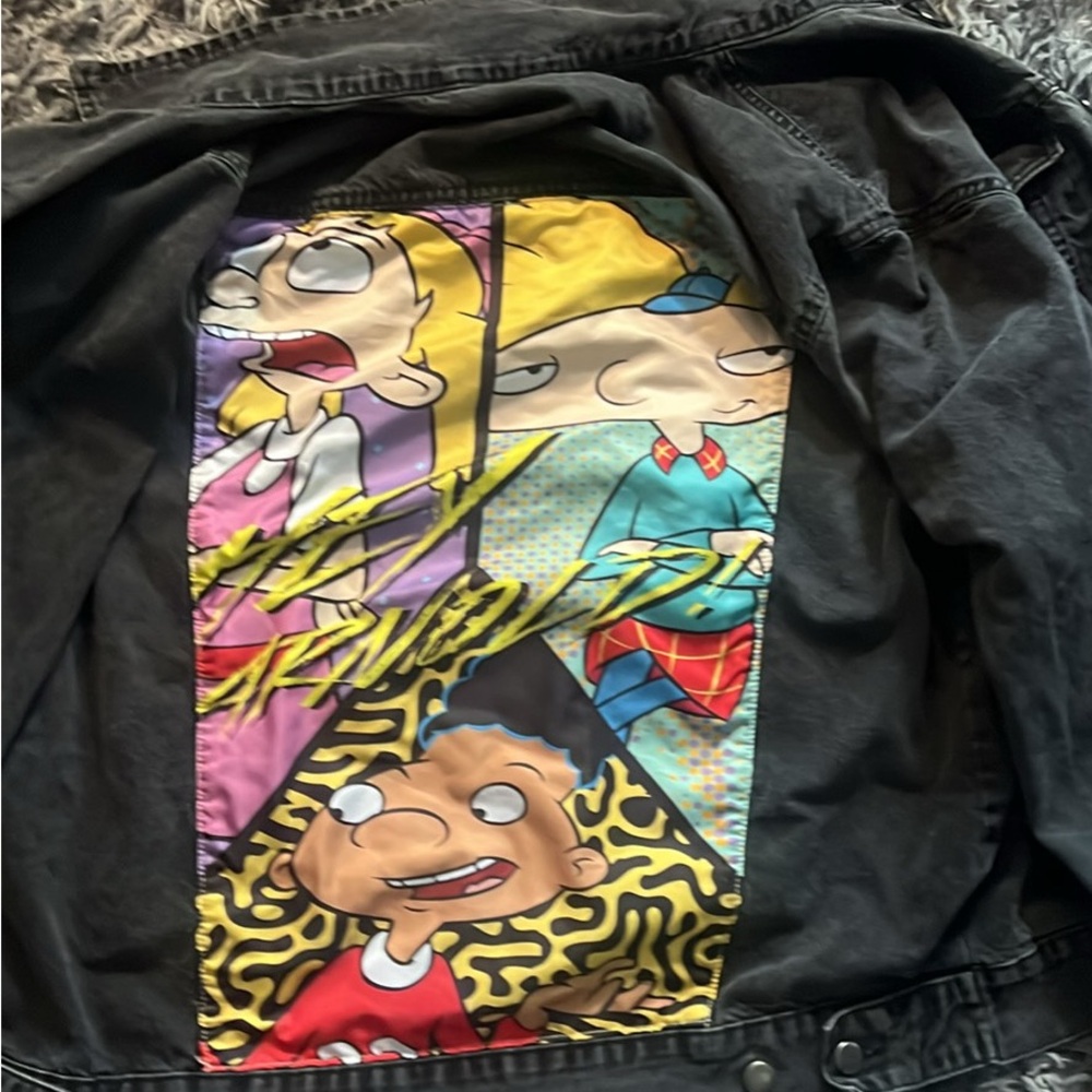 Black Graphic Cartoon Patch Jean Jacket - Multicolor Back Panel